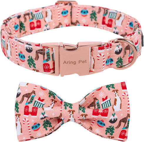 ARING PET Christmas Dog Collar-Cute Cotton Dog Collar with Bow, Adjustable Pink Christmas Pet Collars Puppy Collars with Metal Buckle...