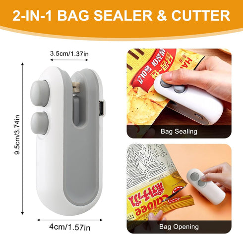 Mini Bag Sealer,2 in 1 USB Rechargeable Chip Bag Sealer Heat Seal Tool,Portable Handheld Vacuum Food Sealer Bag Sealing Machine for Snacks Chips F...