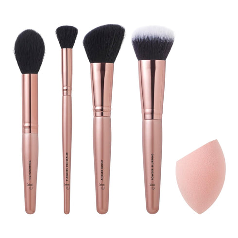 e.l.f. Cosmetics Complexion Essentials Brush & Sponge Set, Concealer, Powder, Blush & Highlighter Brushes & Total Face Sponge For A Perfect Comple...