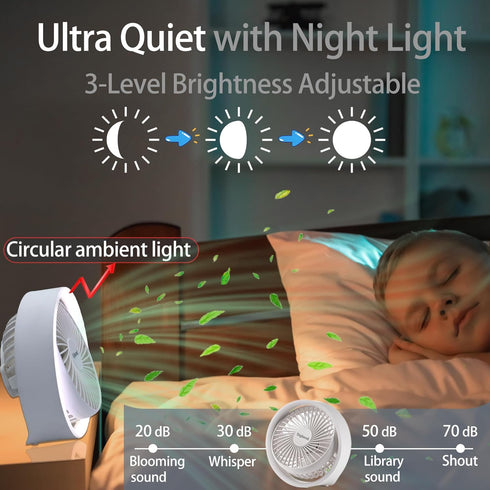 Small Desk Fan, Ultra Quite USB Fan Portable 3000mAh Rechargeable Battery Operate, High Power 3 Speed 5.3in With Ambient Light/Hook 180°Rotated Ea...