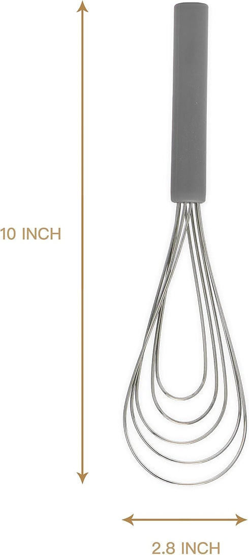 Flat Whisk Silicone Handle Non Slip 10" - 5 Wires Whisk with 10 Heads for Kitchen Cooking by Jell-Cell (Grey)...