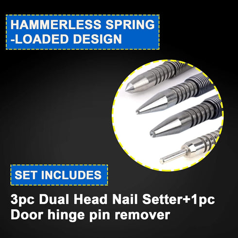 Spring Nail Set,Dual Head Nail Setter,4pcs Hammerless Door Hinge Pin Removal Tool,Striking Force Spring Loaded Nail Punch?1/8-in, 3/32-in, 3/16-in...
