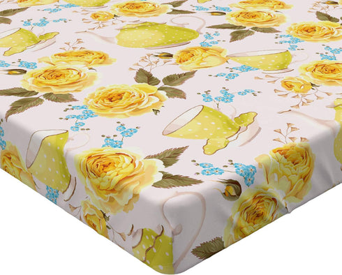 Ambesonne Tea Fitted Sheet, Inspired Image with Tea Time Cups and Pots Floral Details, Soft Decorative Fabric Bedding All-Round Elastic Pocket, Tw...