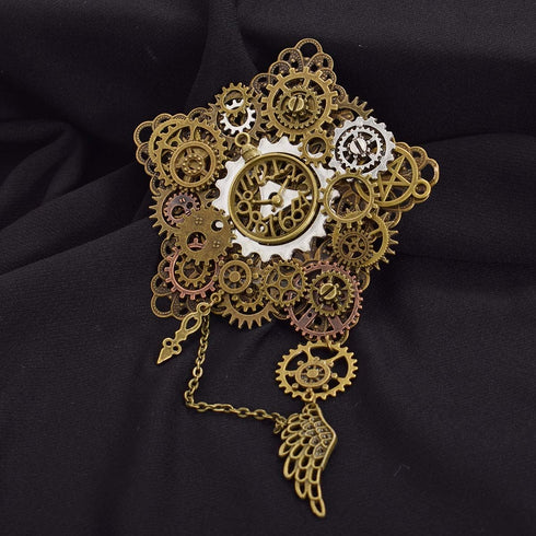 Women Men Steampunk Gears Brooch Wings Chain Pentagons Breastpin...