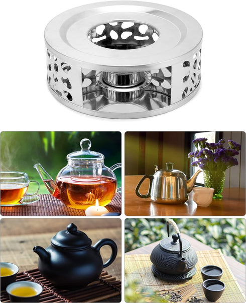 QWORK Tea Kettle Warmer, 2 Pack Brushed Stainless Steel Tea Kettle, Hollow Frame, with Tea Candle Holder, Fits Most Teapots, Silver...
