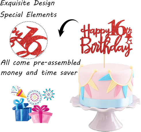 Red Glitter Happy 16th Birthday Cake Topper - Sixteen Sign Cake Topper - Cheers to 16 Years Party Supplies - 16th Birthday Party Decorations...