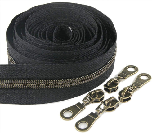 Leekayer #5 Antique Brass Metallic Nylon Coil Zippers by The Yard Bulk 10 Yards Black Zipper Tape with 25pcs Brass Sliders for DIY Sewing Tailor C...