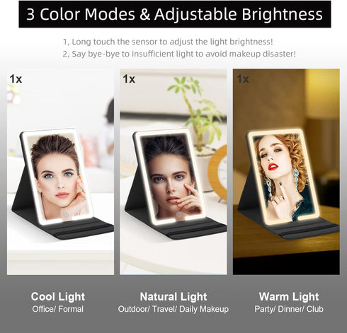 Lighted Travel Makeup Mirror with Round 10X & 20X Magnifying Mirror, PU Leather Vanity Mirror with Lights with 2000mAh Battery, LED Tabletop Cosme...