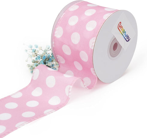 Pink and White Polka Dot Ribbon Wired Edge Ribbon, 2.5 Inch x 10 Yards Roll, Craft Ribbon for DIY Gift Wrapping Wreath Floral Arrangement Bow deco...