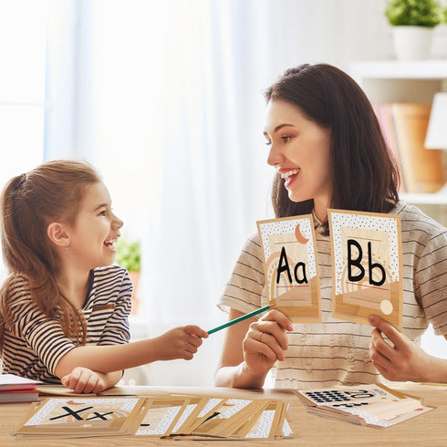 46 Pcs Boho Bulletin Board Decorations Letters Alphabet Boho Wood Grain Rainbow ABC Number 1-20 Cards Alphabet Line Cutouts Poster Classroom Wall ...