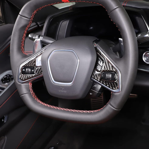 Real Carbon Fiber Steering Wheel Button Cover Sticker Compatible with Chevrolet Corvette C8 2020-2023, Car Steering Wheel Panel Protection Trim (B...