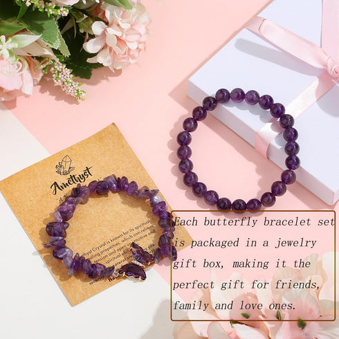 DUQGUHO 2Pcs Butterfly Bracelets for Women Healing Crystals Bracelets for Women Natural Gemstone Stretchable Chip Jewelry 8mm Crystal Beaded Brace...