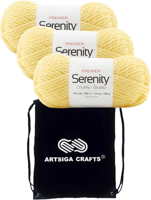 Premier Yarns Serenity Chunky Solid Buttercup 700-74 (3-Skeins - Same Dye Lot) Chunky Bulky #5 Acrylic Yarn for Crocheting and Knitting - Bundle w...