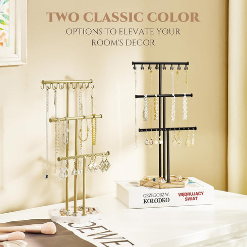 Pinzoveco Jewelry Organizer, 3 Tier Jewelry Holder Organizer with Tray, Jewelry Tree with Earring Organizer, 16 Hooks Necklace Holder, Bracelet Or...