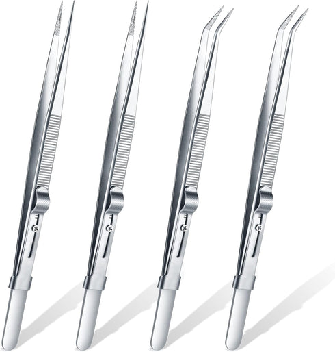 4 Pieces Precision Soldering Tweezer ESD Industrial Electronic Tweezers Tool Set Include Fine Point Tip Straight Tweezer and Locking Curved Tip Pr...