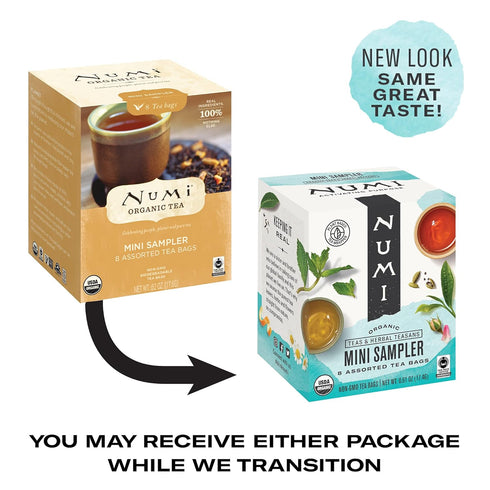 Numi Organic Tea Mini Sampler Variety Pack, 8 Count Box, Assorted Black Tea, Green Tea, White Tea, Herbal Tea Bags...