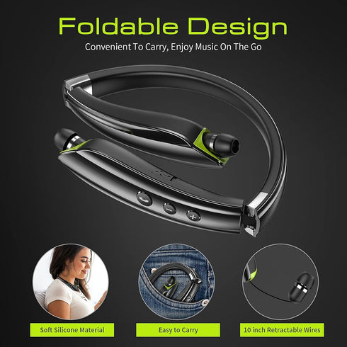 Bluetooth Headset, 2024 Upgraded Neckband Bluetooth Headphones with Retractable Earbuds, Noise Cancelling Stereo Earphones with Mic, Foldable Wire...