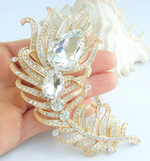 Zeepoffine 4.33" Rhinestone Crystal Peacock Feather Brooch Pin Pendant BZ5038 (Gold-Tone Clear)...