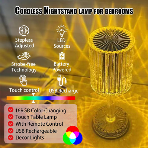 Crystal Table Lamp,RGB Changing Touch Table Lamp with Remote Control,USB Rechargeable Crystal Bedside Lamp,LED Cordless Desk Lamp for Bedroom/Livi...