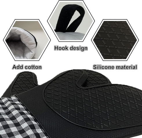 4pcs Set Oven Gloves and Pot Holder Set, Heat-Resistant 500 Degree, with Mini Oven Gloves and Insulation Clips, Non-Slip Food-Grade Long Oven Glov...