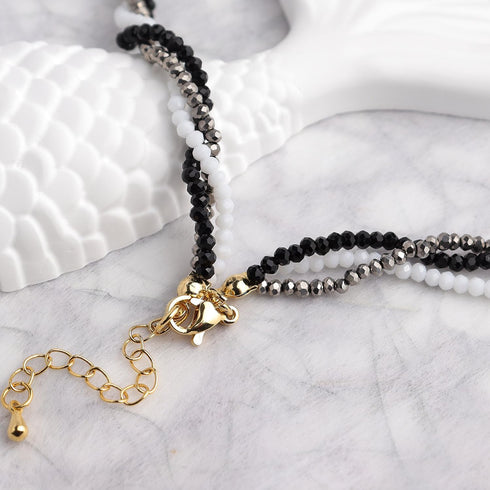 Black White Silver Gemstone Crystal Beaded Layered Choker Necklaces for Women, Dainty Y2k Handmade Triple Stone Beads Chain Twisted Necklace Beach...