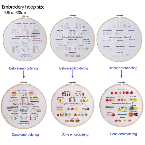 Fanryn Embroidery Kit for Beginners Beginner Embroidery Stitch Practice Kit, 3 Sets Embroidery Kit to Learn 35 Different Stitches for Craft Lover ...