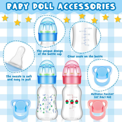 Jexine 4 Pieces Reborn Baby Doll Accessories, includes 2 Magnetic Pacifier and 2 Baby Doll Bottles Baby Doll Pacifier Feeding Bottle for Reborn Do...