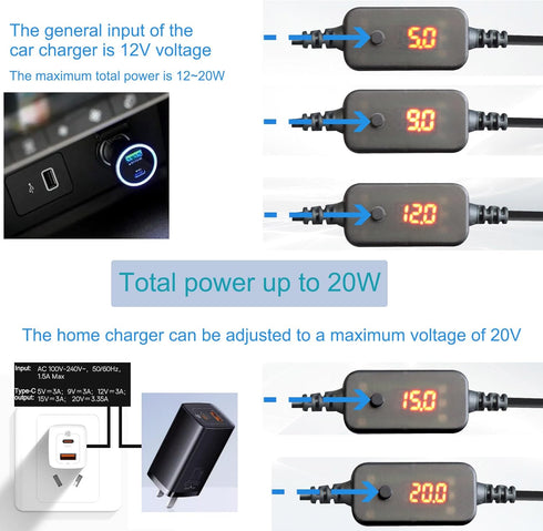USB C Male to 12V Adapter, USB to Car Cigarette Lighter Socket Converter Cable Adjustable Voltage 5V/9V/12V(1-Pack)...