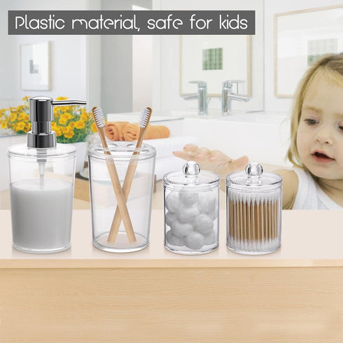 Plastic Clear Bathroom Accessories Set Complete 4 Pcs - Soap Dispenser, 2 Qtip Holder Jars and Toothbrush Holder, Counter Decor...