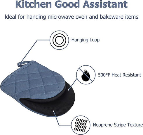 Short Oven Mitts, Heat Resistant Silicone Kitchen Mini Oven Mitts for 500 Degrees, Non-Slip Grip Surfaces and Hanging Loop Gloves, Baking Grilling...