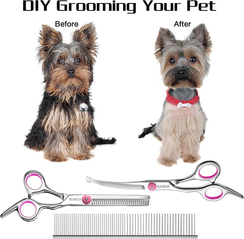 Professional Dog Grooming Scissors with Safety Round Tips, 3 in 1 Dog Grooming Scissors Kit, 4CR Stainless Steel Professional Pet Grooming Shears ...