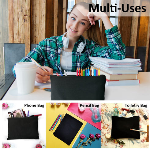 Koolmox 20 Makeup Bags in Bulk, 9x7 Large Plain Black Canvas Pouch with Zipper, Cotton Cosmetic Bags Wholesale for Painting, Heat Transfer Printin...