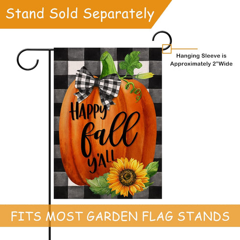 Happy Fall Y'all Farmhouse Pumpkin Decorative Burlap Garden Flag, Buffalo Plaid Check Home Yard Small Outdoor Decor, Rustic Autumn Harvest Sunflow...