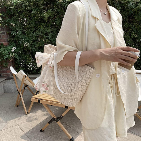 Women Large Straw Beach Tote Bag Summer Hand-woven Bags Shoulder Bag Leather Handle Beach Handbags with Cute Lace Bow Small (White)...