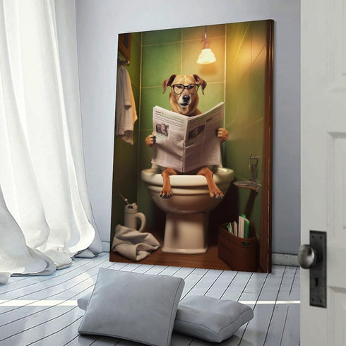 FireDeer Funny Bathroom Canvas Wall Art Dog Animal Reading the Newspaper On Toilet Poster Humor Painting Canvas Prints Modern Aesthetic Picture Fa...