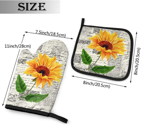 Watercolor Sunflowers Oven Mitts and Pot Holders Sets Heat Resistant Oven Gloves with Non-Slip Surface for Safe BBQ Cooking Baking Grilling Set of...