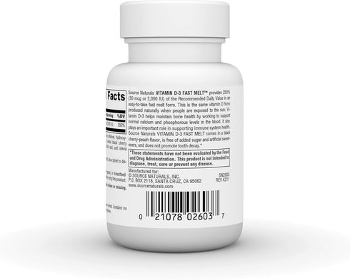 Source Naturals Vitamin D-3 2000 iu Supports Bone & Immune Health - Black Cherry Peach Flavor - 120 Fast Melt Tablets...