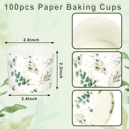 100Pcs Eucalyptus Leaf Paper Baking Cups Green Gold Foil Leaves Cupcake Wrappers Scalloped Edge Cupcake Muffin Cases for Wedding Birthday Party...