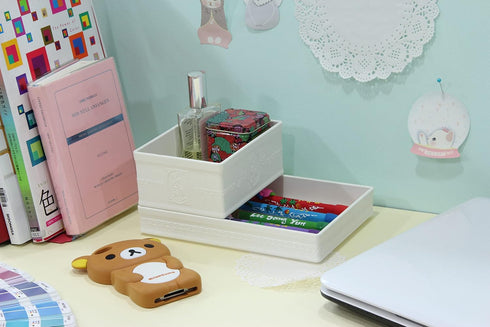Elegance System Embossed Design Organizer Tray #3 Desktop Vanity Drawer Jewelry Stationery Make-up Storage Bin Dressing Table Organizing Box, Whit...