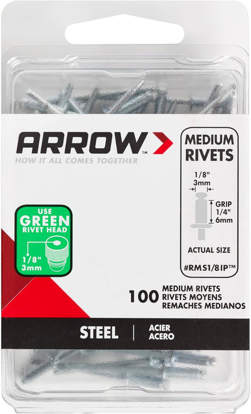 Arrow Fastener RMS1/8IP Medium Steel 1/8-Inch Pop Rivets for Metal, Fabric, Leather, and Auto Repair, 100-Pack, 1/8 Inch, 100...