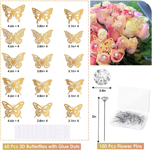 ROADPLUM 20 Sheets Flower Wrapping Paper, Pink Floral Wrapping Paper Bouquet Kit with 100 Pcs Diamond Bouquet Pins 60 Pcs 3D Gold Butterflies 1Rol...