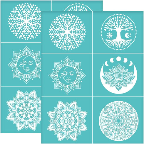 OLYCRAFT 2pcs 8.6x11 Inch Self-Adhesive Mandala Stencil Lotus Tree Silk Screen Stencils Reusable Silkscreen Printing Stencils Moon Sun Mesh Transf...