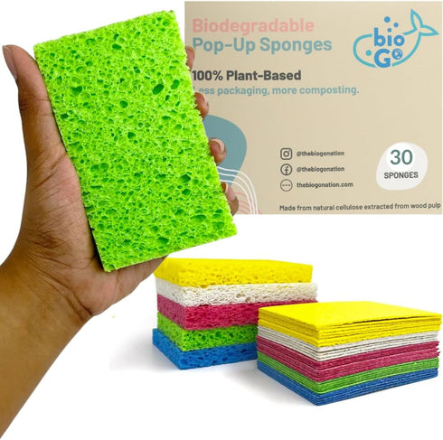 bioGo 30 Pack Compostable Pop-Up Sponges - Expanding, Non-Scratch, Plant-Based Dish Sponges...