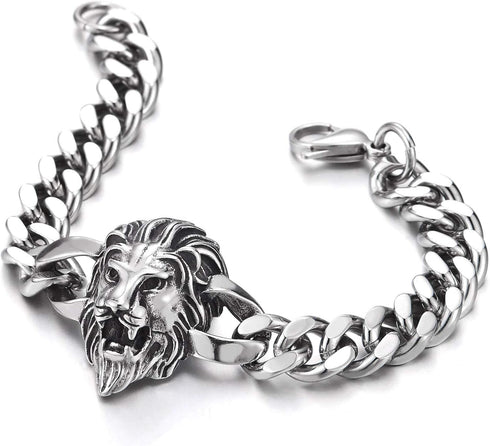 COOLSTEELANDBEYOND Heavy and Study Mens Biker Stainless Steel Lion Head Curb Chain Bracelet, Polished, Punk Rock...