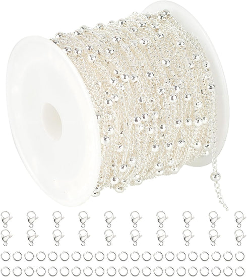 UMAOKANG 32.8 Feet Silver Plated Brass Chain for Jewelry Making Twist Curb Bead Necklace Chains Bulk with Jump Rings and Lobster Clasps...