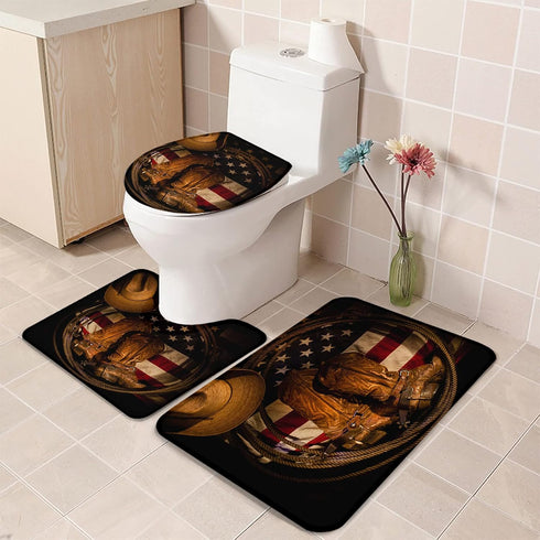 T&H Home Bath Rug Sets 3 Piece for Bathroom - USA Western Mat, Cowboy Hat with Boots Rope on American Flag Ultra Soft Non Slip and Absorbent Showe...
