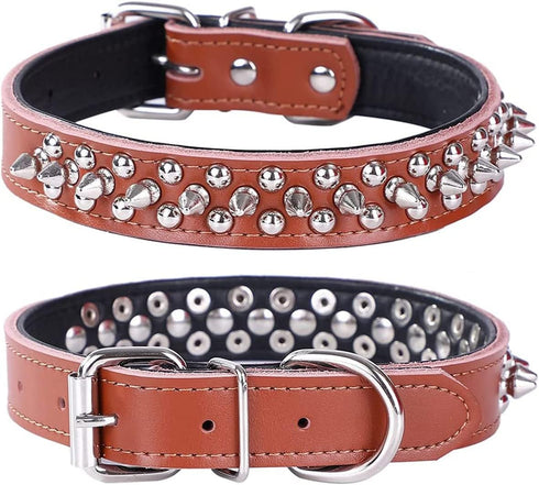 Adjustable Genuine Leather Spiked Studded Dog Collars for Small Medium Large Pets Like Pit Bull Bulldog Pugs Husky (L, Brown)...