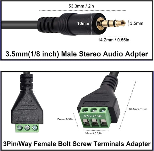 Poyiccot 3.5mm Screw Terminal Connector Cable, 3.5mm(1/8inch) Stereo Audio Balanced Male Jack to AV 3 Pin Screw Terminal Adapter Cable 30cm(1/8inc...