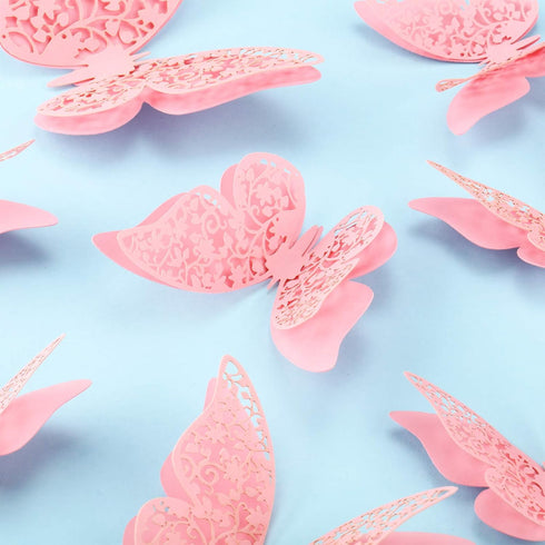 Outus 120 Pieces Pink 3D Layered Butterfly Wall Decor Removable Butterfly Stickers Hollow Mural Decals for Birthday Cake Decorations Crafts Bouque...