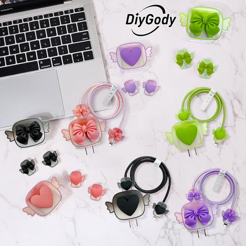 Wings Cable Protector for Apple Charger with Cute 3D Pink Love Heart Design, Data Line USB Charger Cover Wire Cord Saver DIY Charger Protector Com...